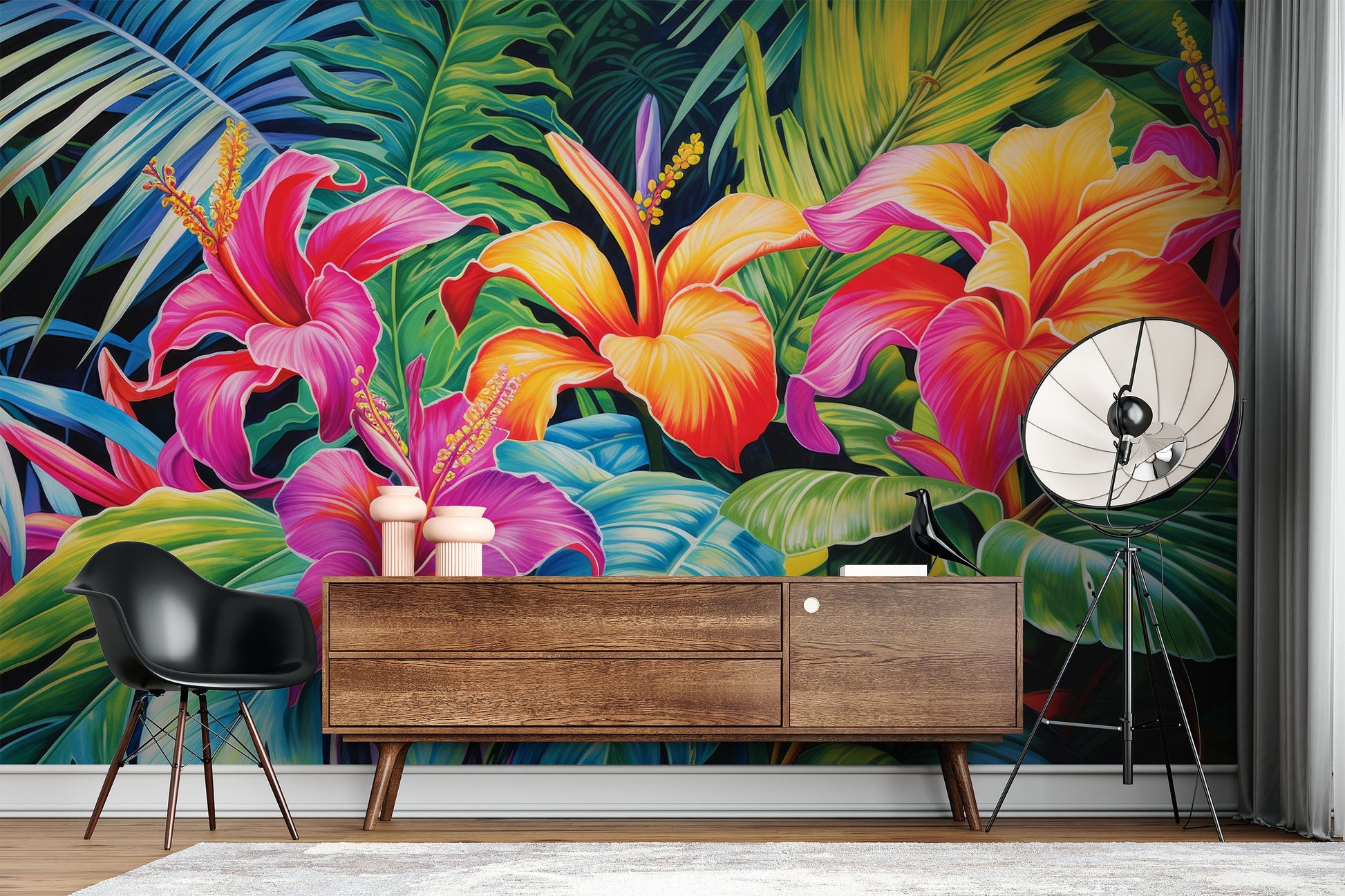Green Tropical Leaves Pink Floral Wallpaper – scale reference, Golden Era Walls