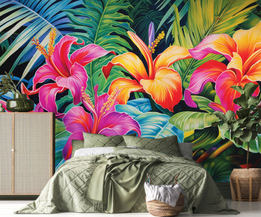 Green Tropical Leaves Pink Floral Wallpaper – peel and stick wallpaper mural, Golden Era Walls