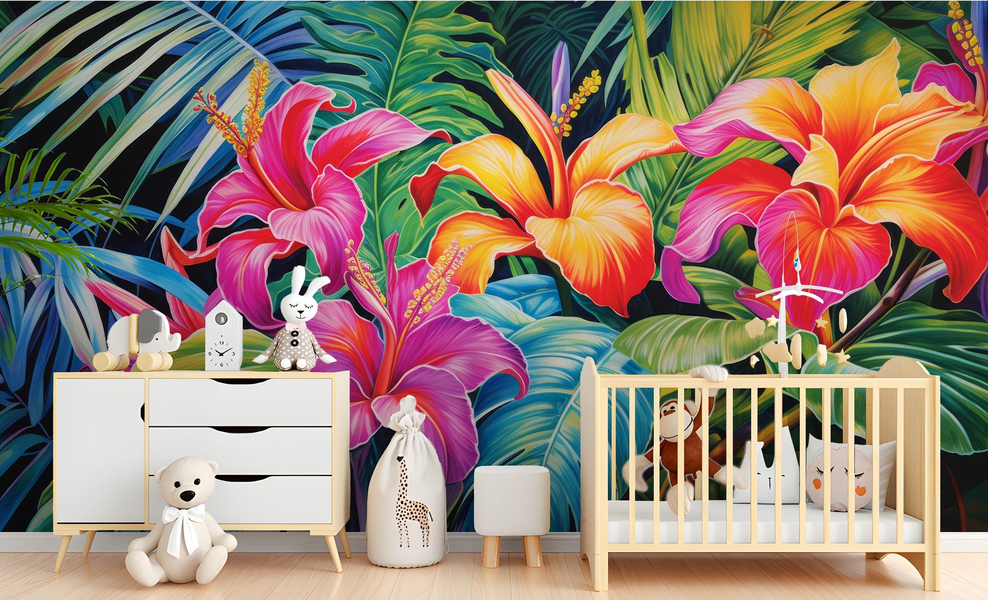 Green Tropical Leaves Pink Floral Wallpaper – alternate view, Golden Era Walls