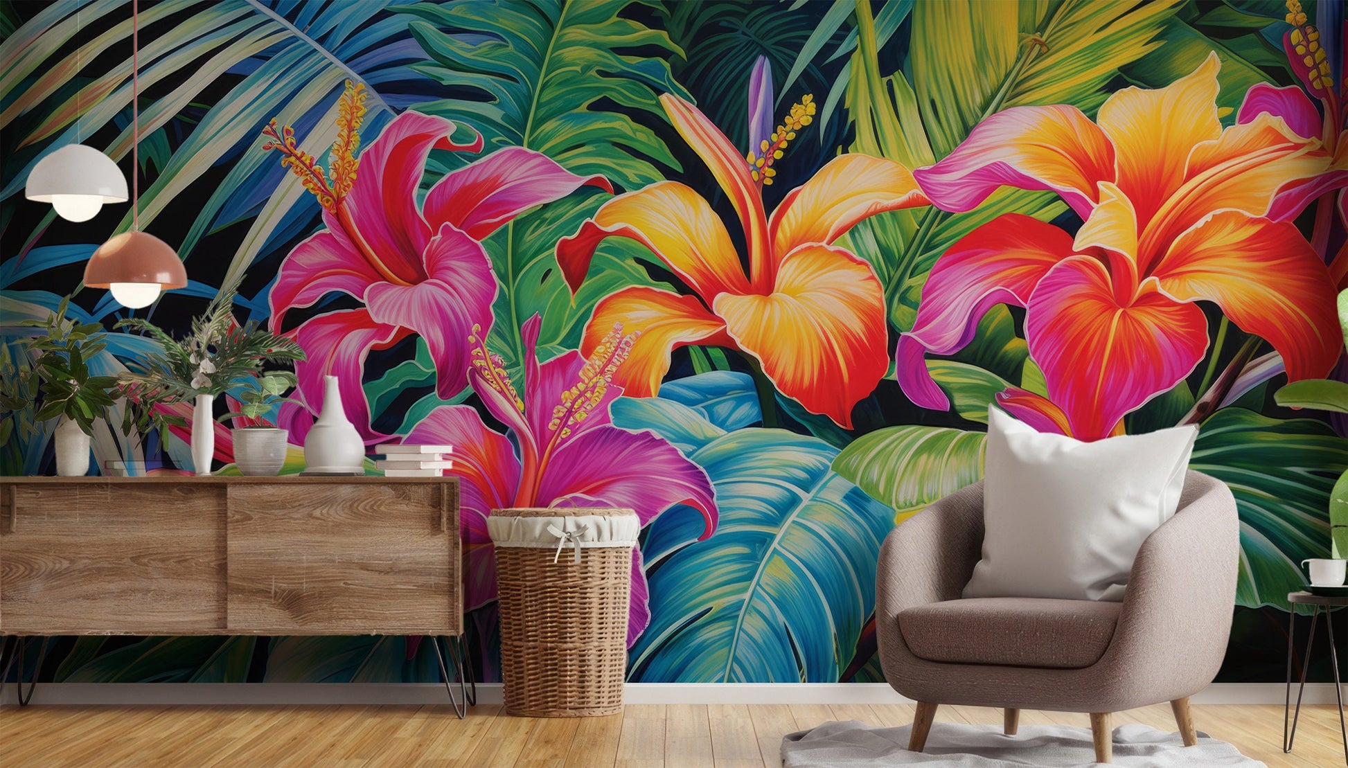 Green Tropical Leaves Pink Floral Wallpaper – detail view, Golden Era Walls