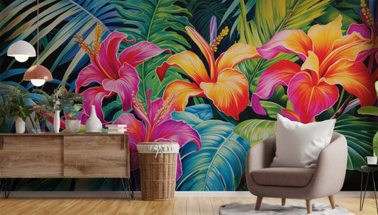 Green Tropical Leaves Pink Floral Wallpaper – detail view, Golden Era Walls