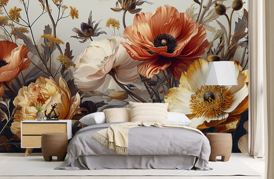Soft Gold Beige Abstract Floral Wallpaper – peel and stick wallpaper mural, Golden Era Walls