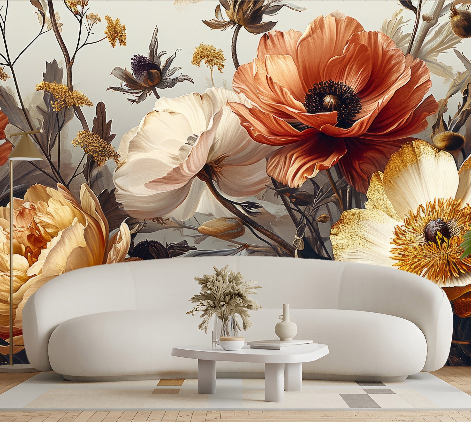 Soft Gold Beige Abstract Floral Wallpaper – alternate view, Golden Era Walls