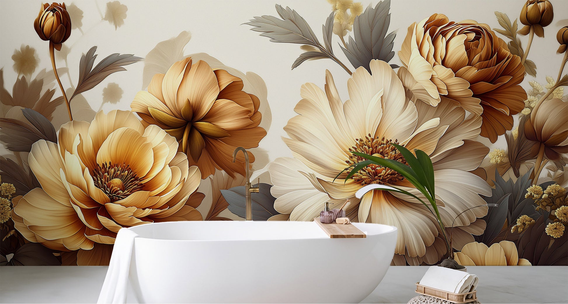 Gold Pastel Peony Watercolor Floral Wallpaper – room setting, Golden Era Walls