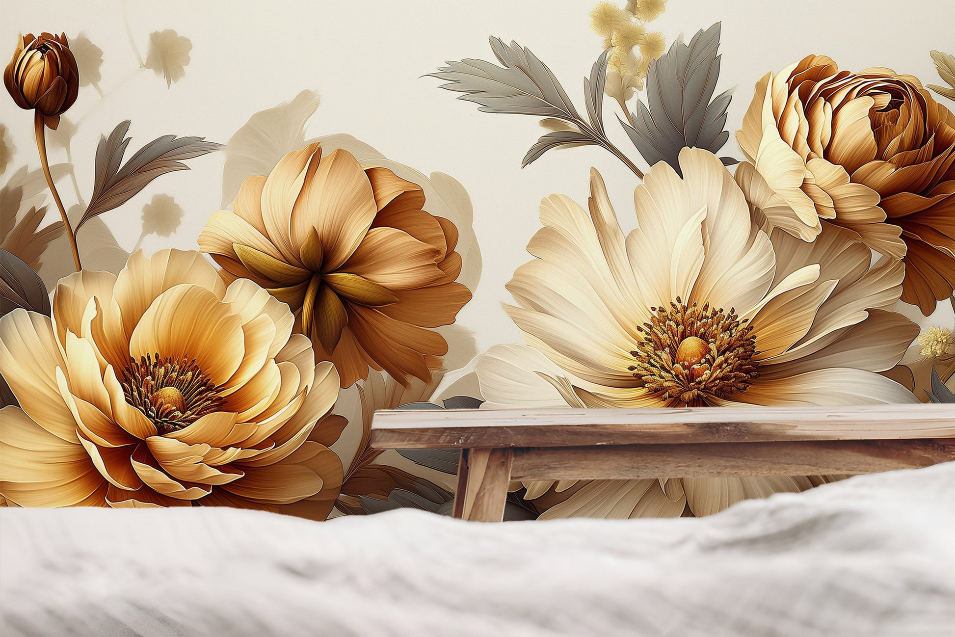 Gold Pastel Peony Watercolor Floral Wallpaper – lifestyle view, Golden Era Walls