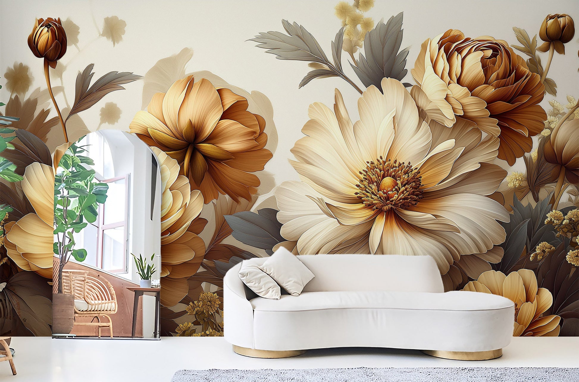Gold Pastel Peony Watercolor Floral Wallpaper – alternate view, Golden Era Walls
