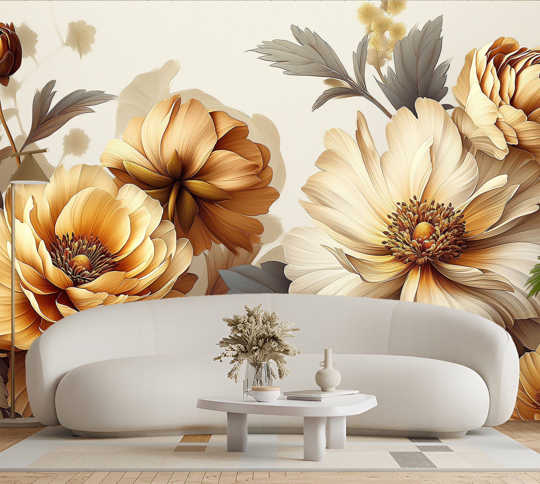 Gold Pastel Peony Watercolor Floral Wallpaper – scale reference, Golden Era Walls