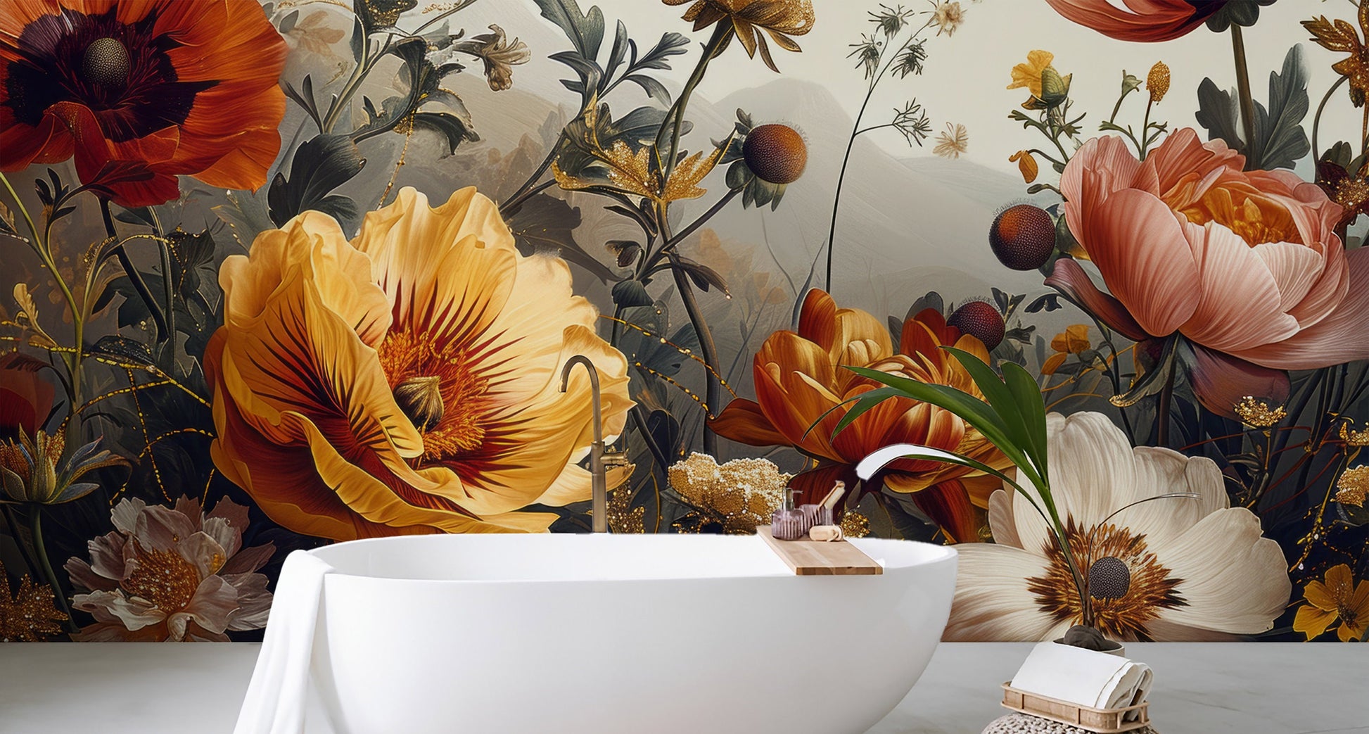 Gold Peony Watercolor Soft Floral Wallpaper – alternate view, Golden Era Walls