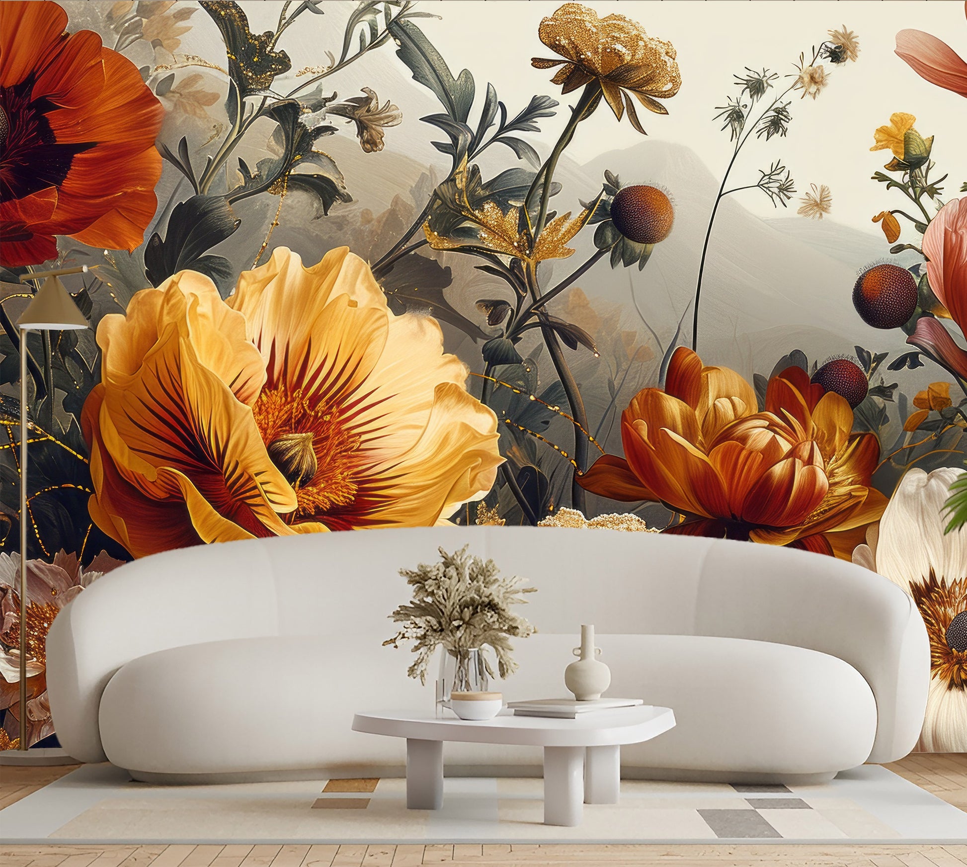 Gold Peony Watercolor Soft Floral Wallpaper – lifestyle view, Golden Era Walls
