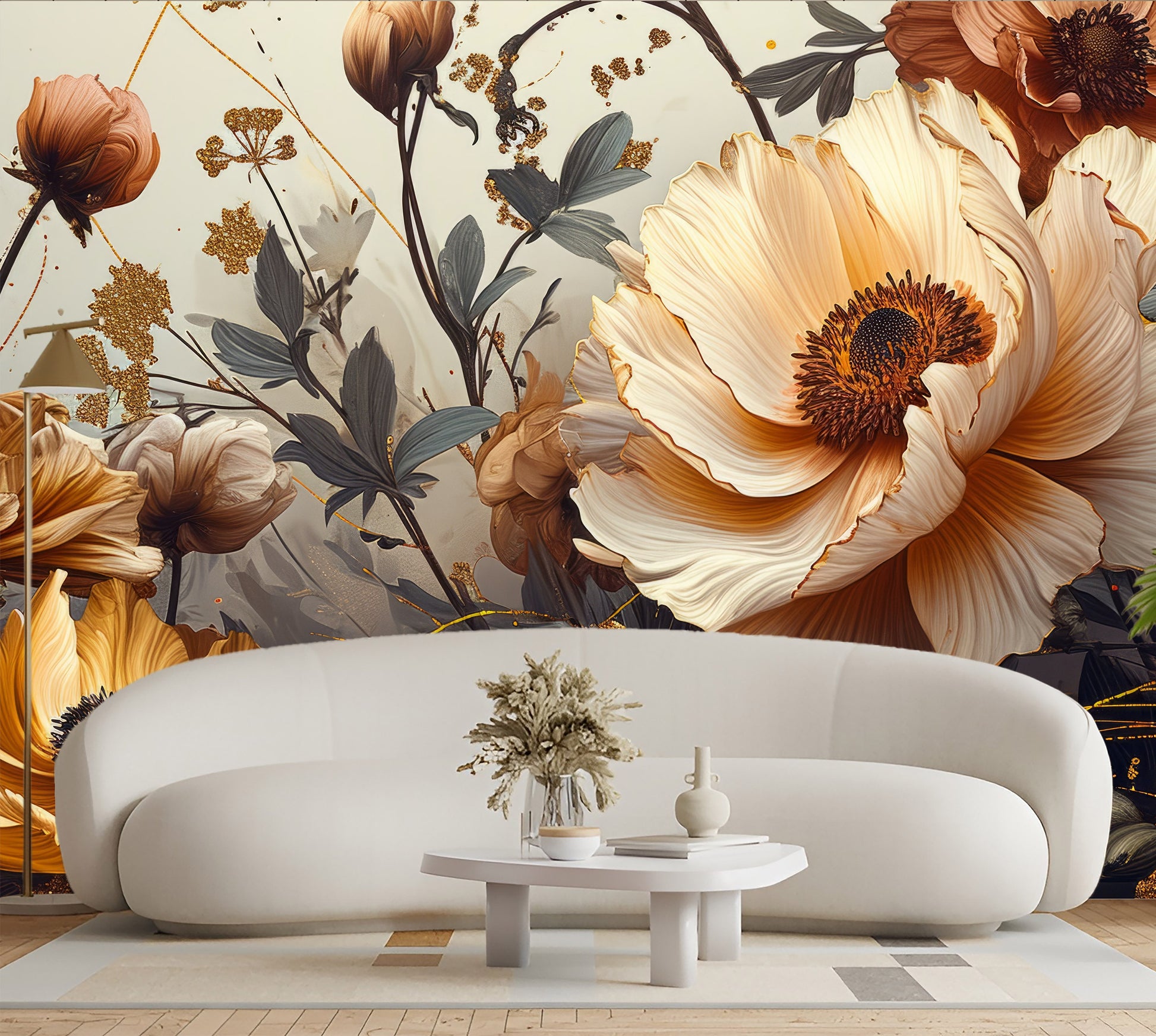 Gold Beige Peonies Floral Floral Wallpaper – alternate view, Golden Era Walls