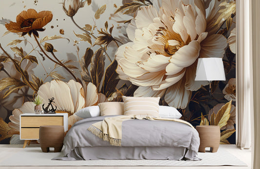 Dark Gold Floral Dutch Floral Wallpaper – peel and stick wallpaper mural, Golden Era Walls