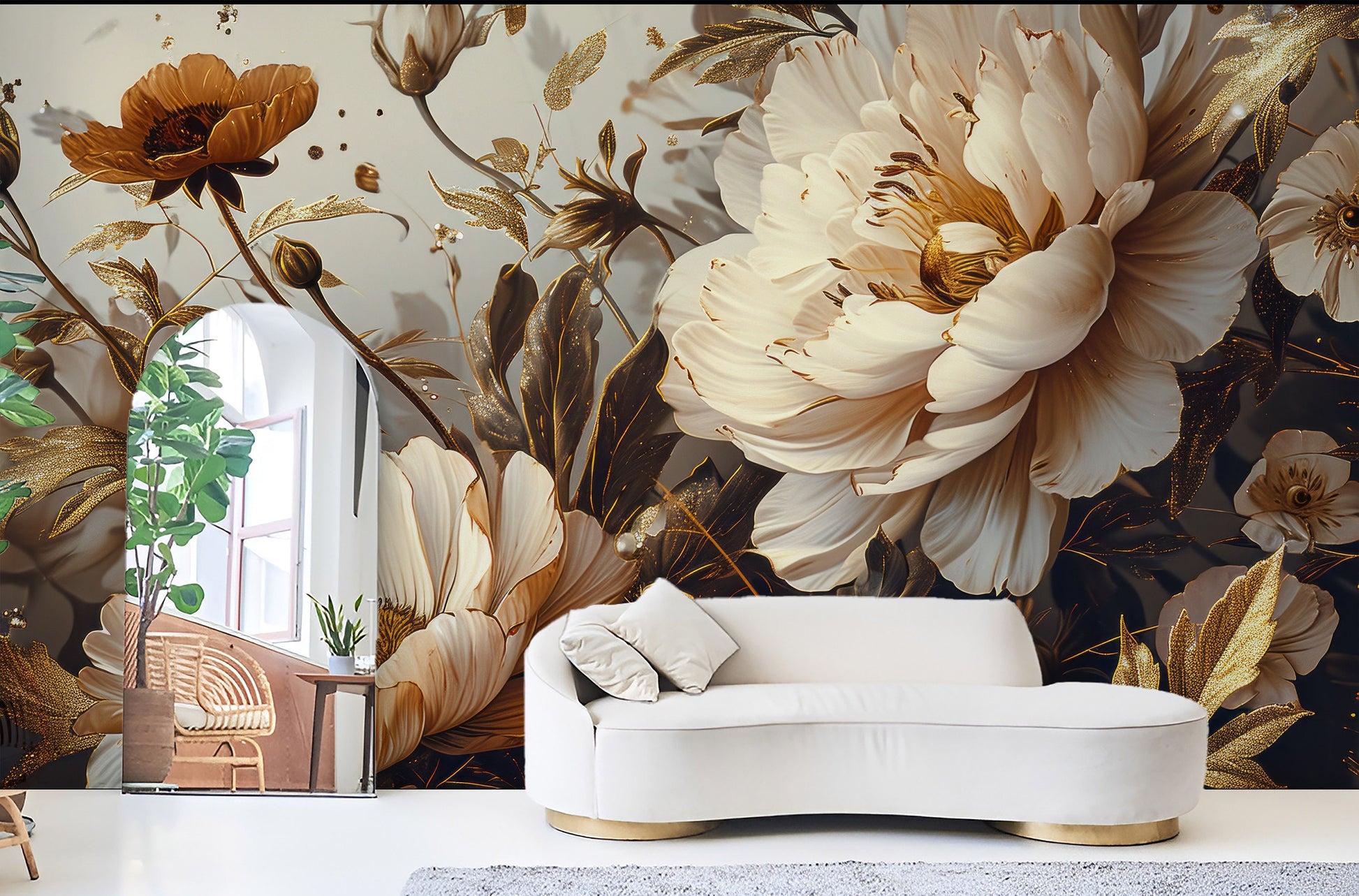 Dark Gold Floral Dutch Floral Wallpaper – lifestyle view, Golden Era Walls