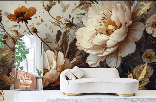 Dark Gold Floral Dutch Floral Wallpaper – lifestyle view, Golden Era Walls