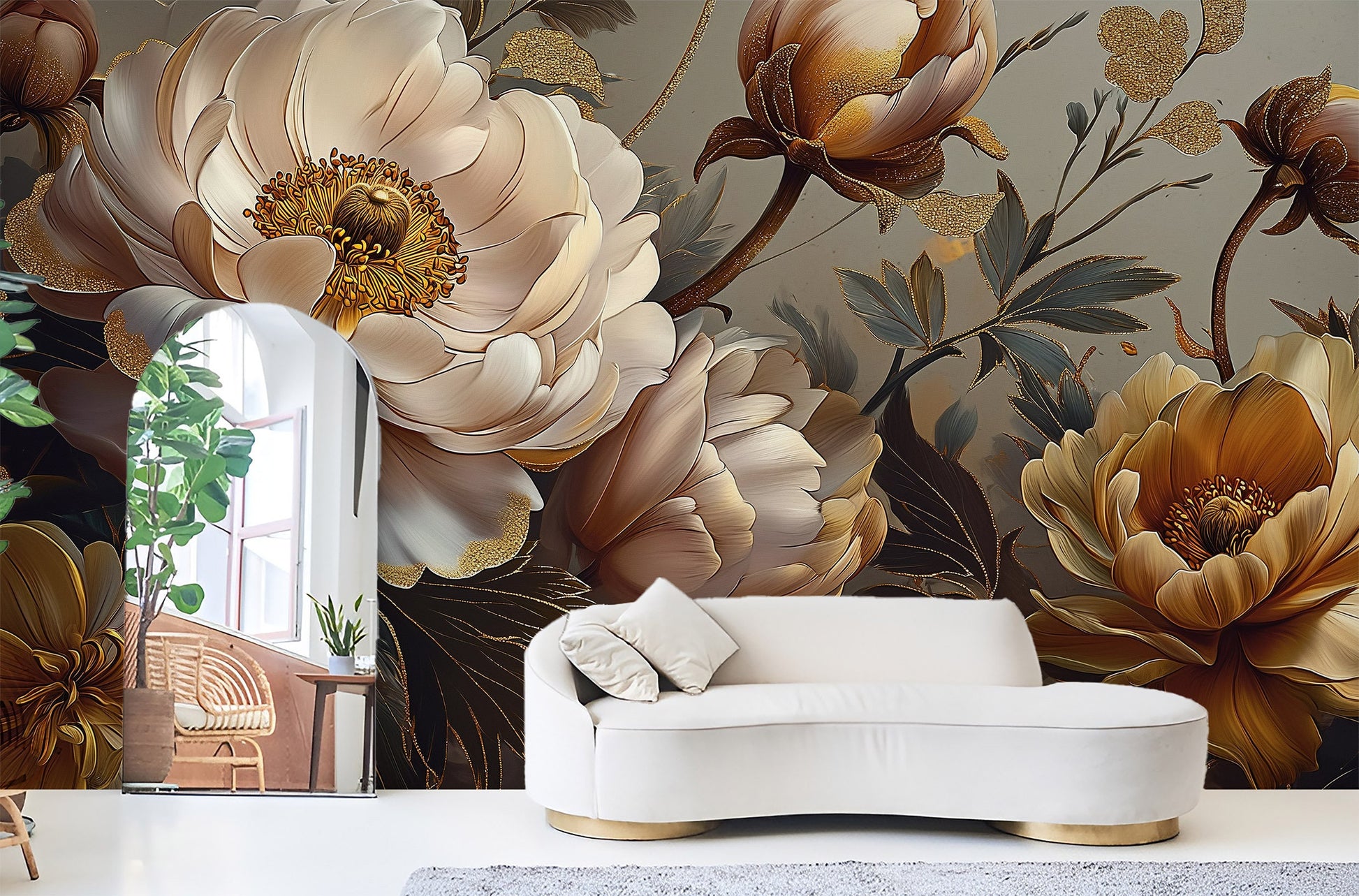 Dark Floral Botanical Luxury Floral Wallpaper – room setting, Golden Era Walls