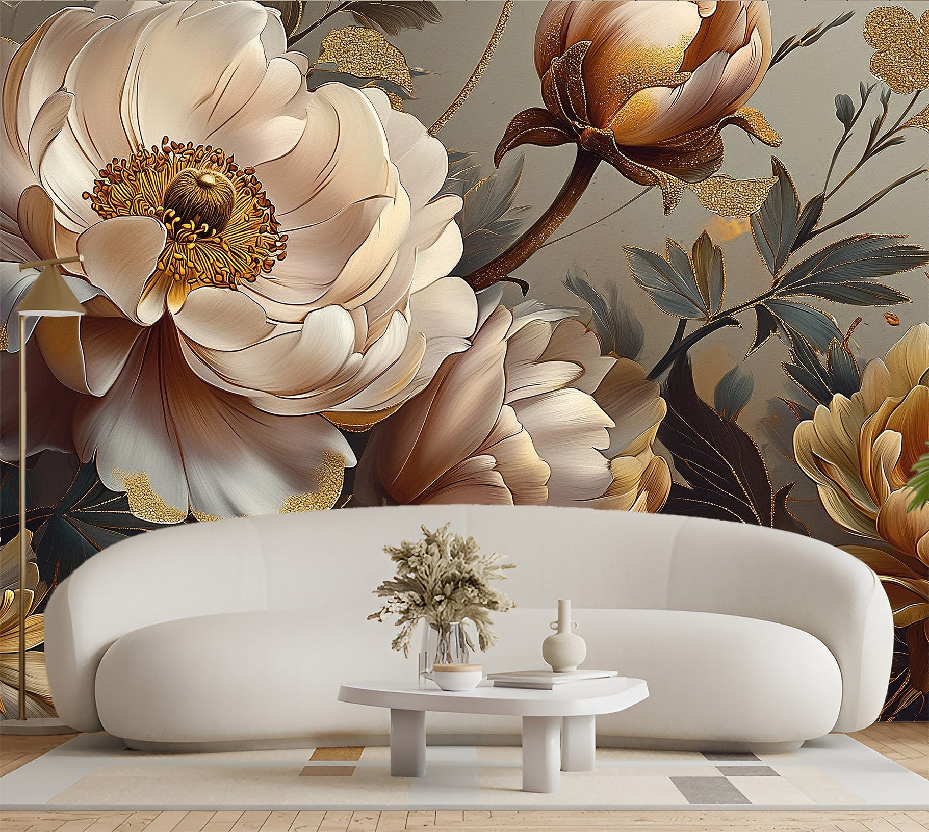 Dark Floral Botanical Luxury Floral Wallpaper – scale reference, Golden Era Walls