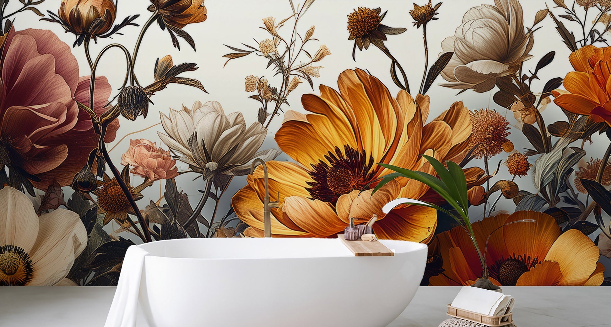 Bright Peony Light Gold Floral Wallpaper – alternate view, Golden Era Walls
