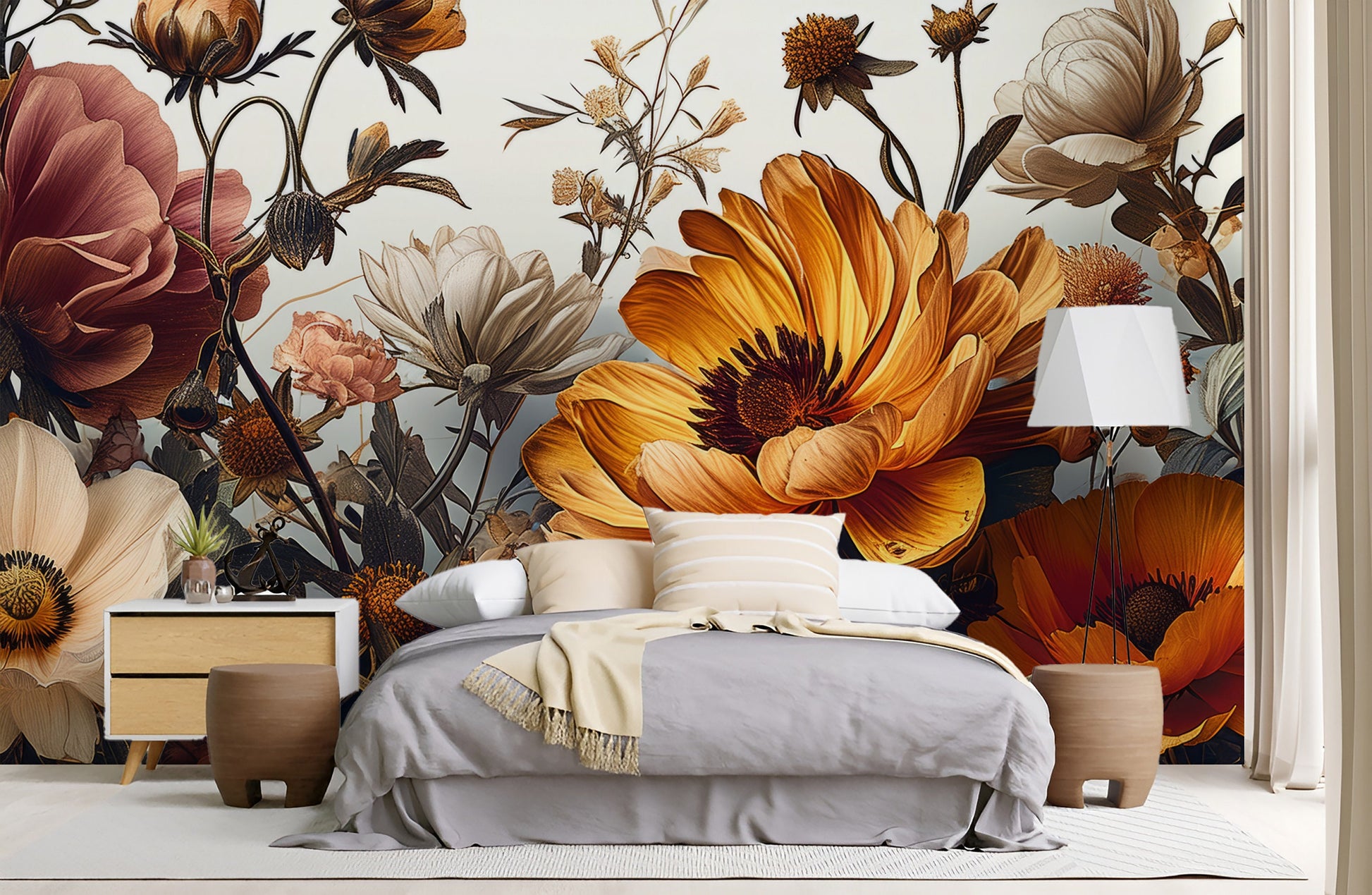 Bright Peony Light Gold Floral Wallpaper – peel and stick wallpaper mural, Golden Era Walls