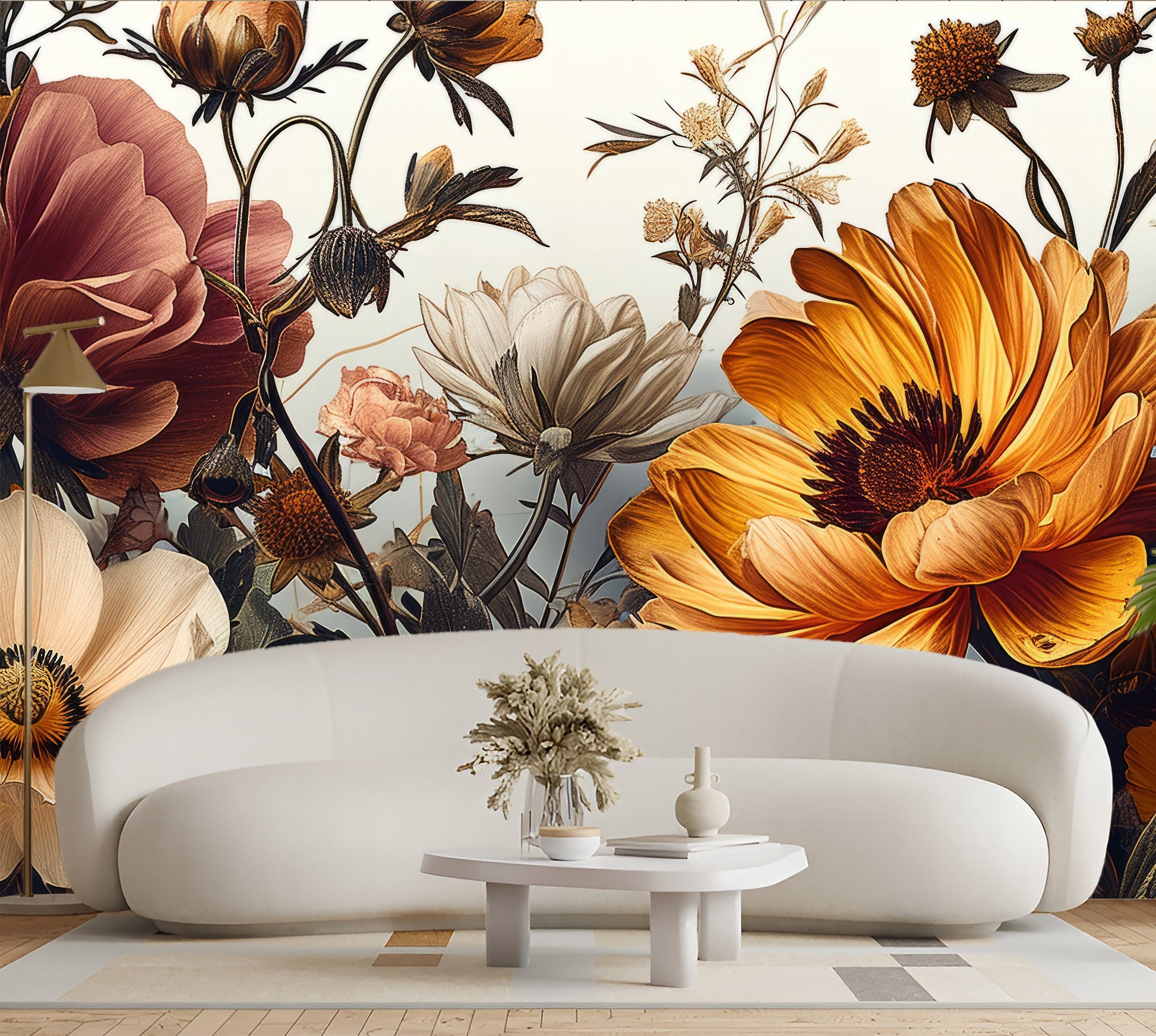Bright Peony Light Gold Floral Wallpaper – lifestyle view, Golden Era Walls