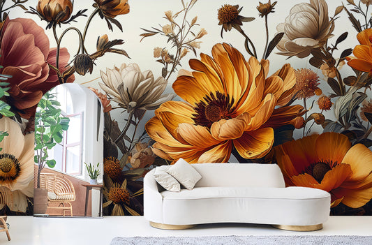 Bright Peony Light Gold Floral Wallpaper – room setting, Golden Era Walls