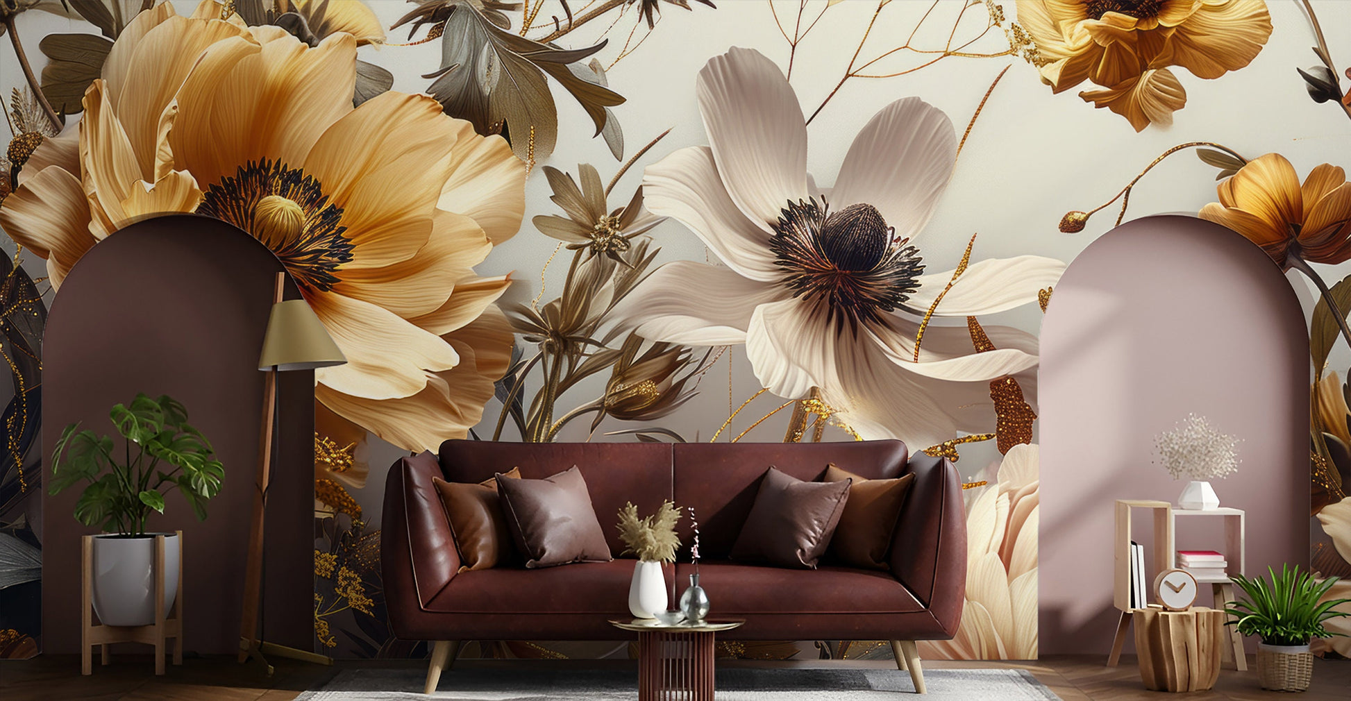 Boho Blush Watercolor Peony Floral Wallpaper – lifestyle view, Golden Era Walls