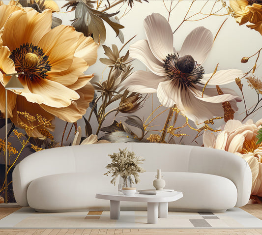 Boho Blush Watercolor Peony Floral Wallpaper – detail view, Golden Era Walls