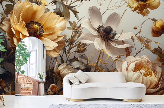 Boho Blush Watercolor Peony Floral Wallpaper – room setting, Golden Era Walls