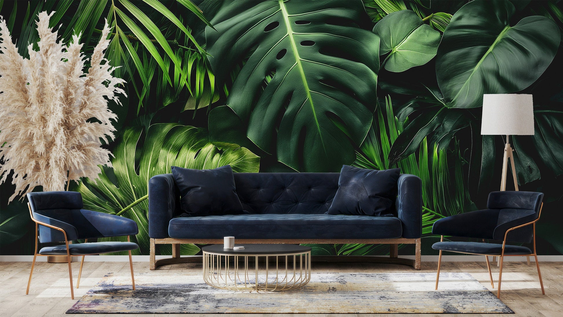 Dark Tropical Jungle Leaves Floral Wallpaper – scale reference, Golden Era Walls