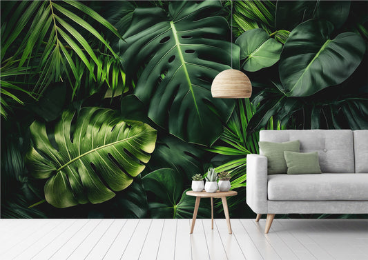 Dark Tropical Jungle Leaves Floral Wallpaper – lifestyle view, Golden Era Walls