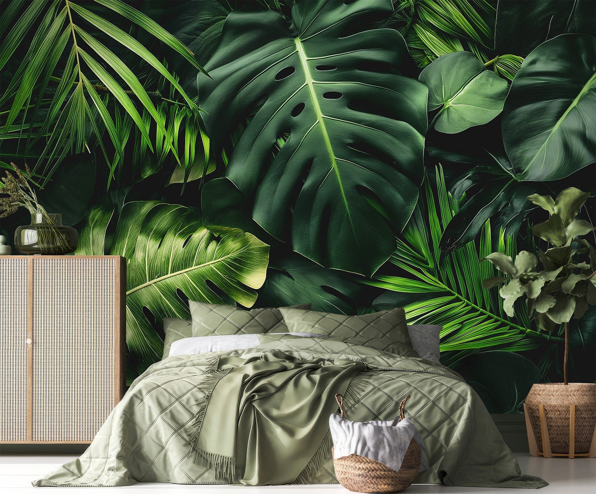 Dark Tropical Jungle Leaves Floral Wallpaper – peel and stick wallpaper mural, Golden Era Walls