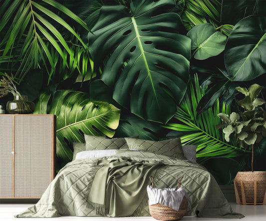 Dark Tropical Jungle Leaves Floral Wallpaper – peel and stick wallpaper mural, Golden Era Walls