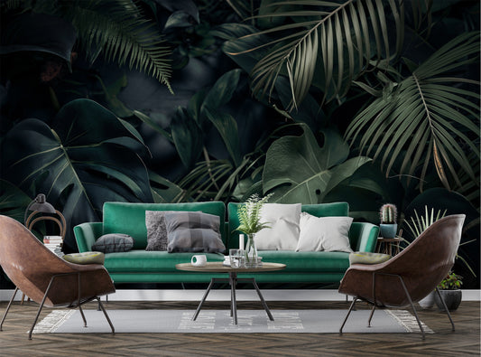 Exotic Leaves Dark Tropical Floral Wallpaper – detail view, Golden Era Walls