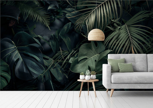 Exotic Leaves Dark Tropical Floral Wallpaper – lifestyle view, Golden Era Walls