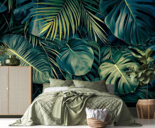 Dark Tropical Realistic Jungle Floral Wallpaper – peel and stick wallpaper mural, Golden Era Walls