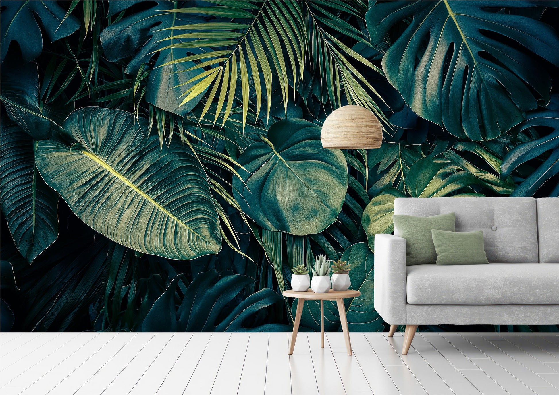 Dark Tropical Realistic Jungle Floral Wallpaper – scale reference, Golden Era Walls