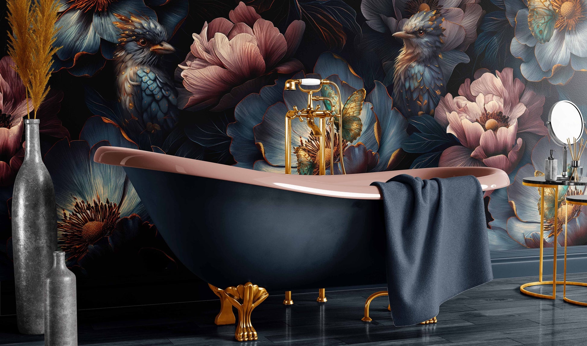 Dark Floral Luxury Accent Floral Wallpaper – lifestyle view, Golden Era Walls