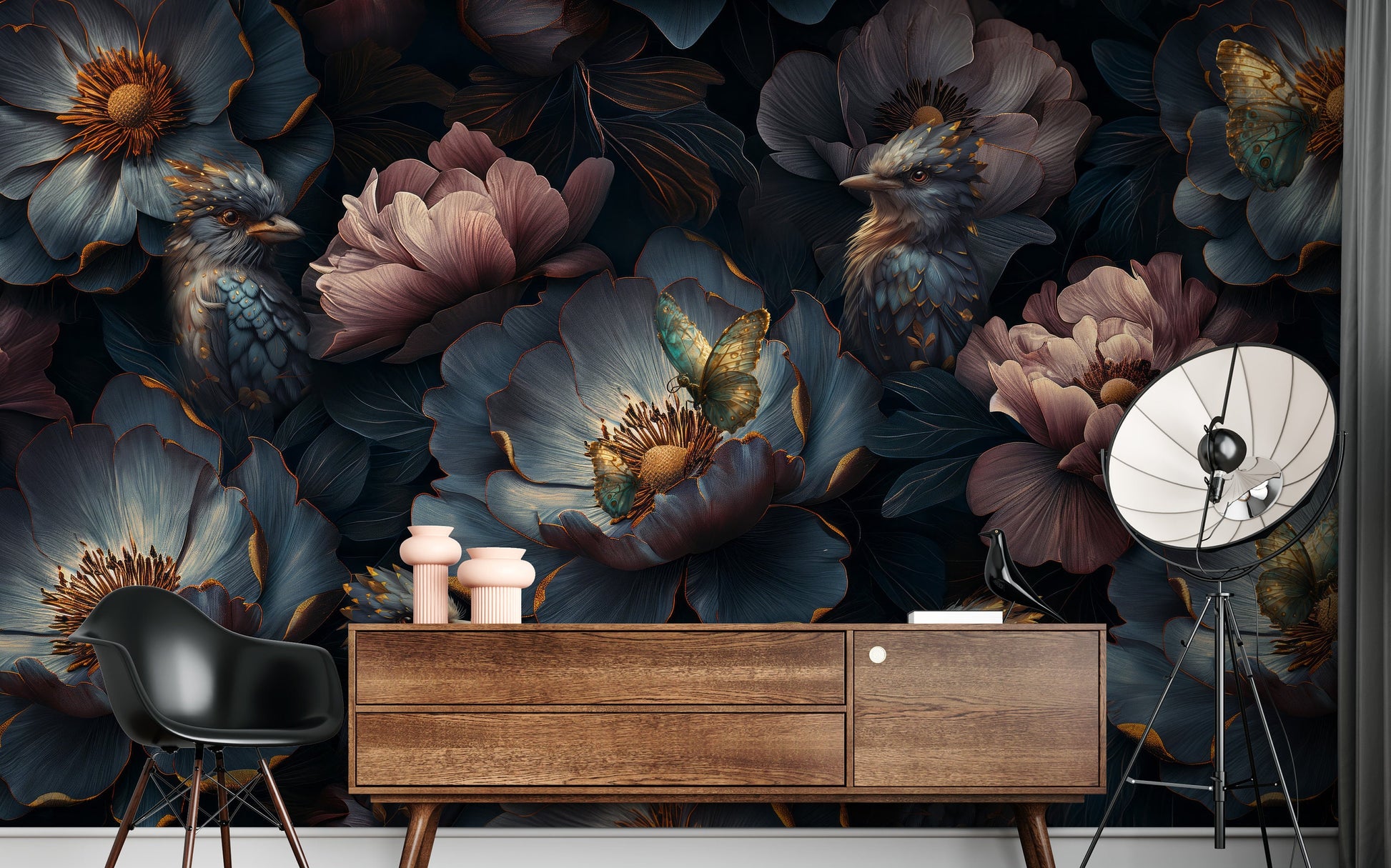 Dark Floral Luxury Accent Floral Wallpaper – scale reference, Golden Era Walls