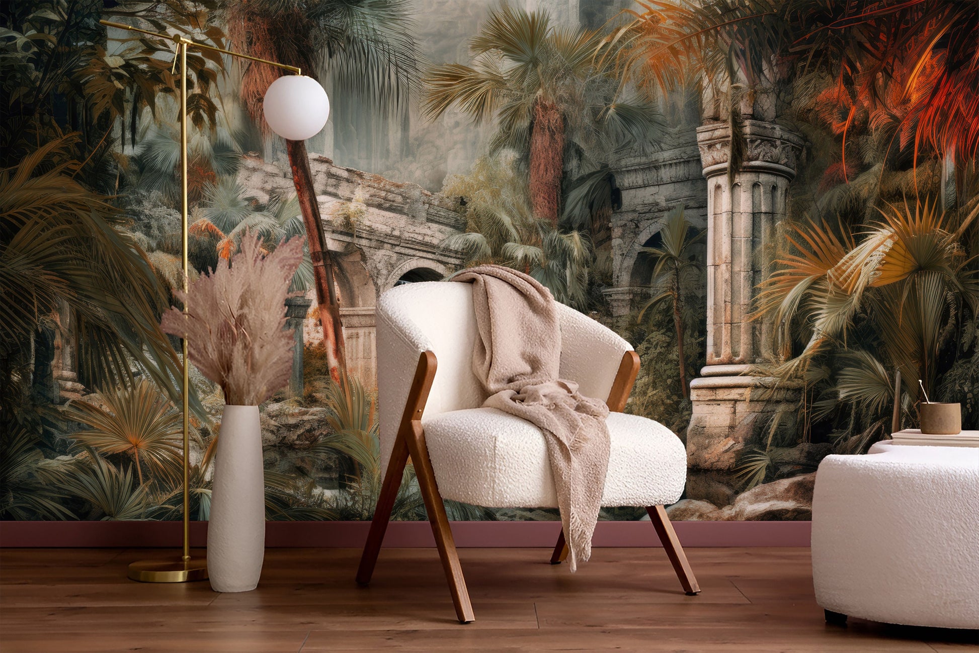 Vintage Jungle Old History Floral Wallpaper – scale reference, Golden Era Walls