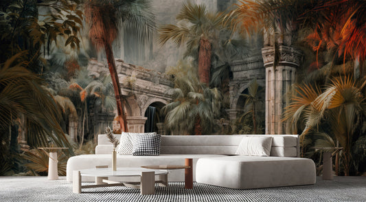 Vintage Jungle Old History Floral Wallpaper – lifestyle view, Golden Era Walls