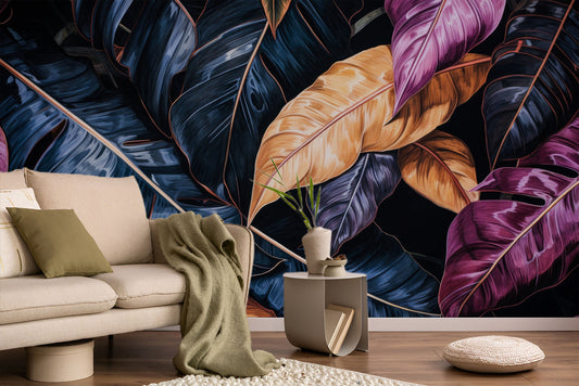 Dark Tropical Colorful Palm Floral Wallpaper – detail view, Golden Era Walls