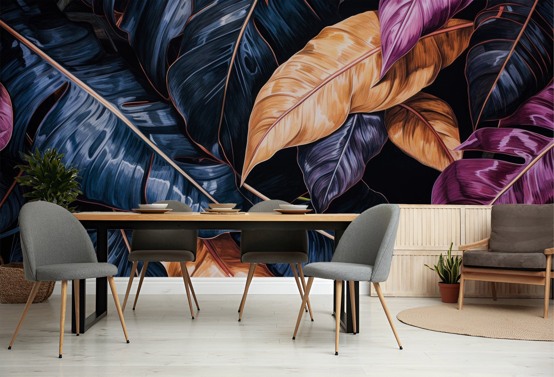 Dark Tropical Colorful Palm Floral Wallpaper – scale reference, Golden Era Walls