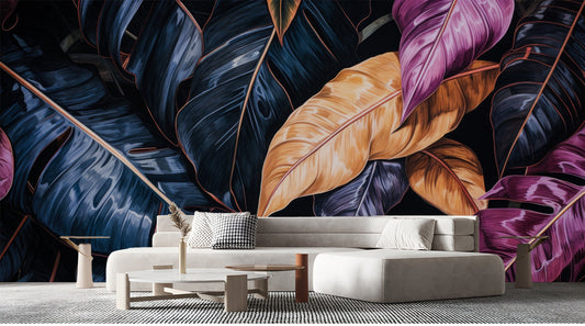 Dark Tropical Colorful Palm Floral Wallpaper – lifestyle view, Golden Era Walls