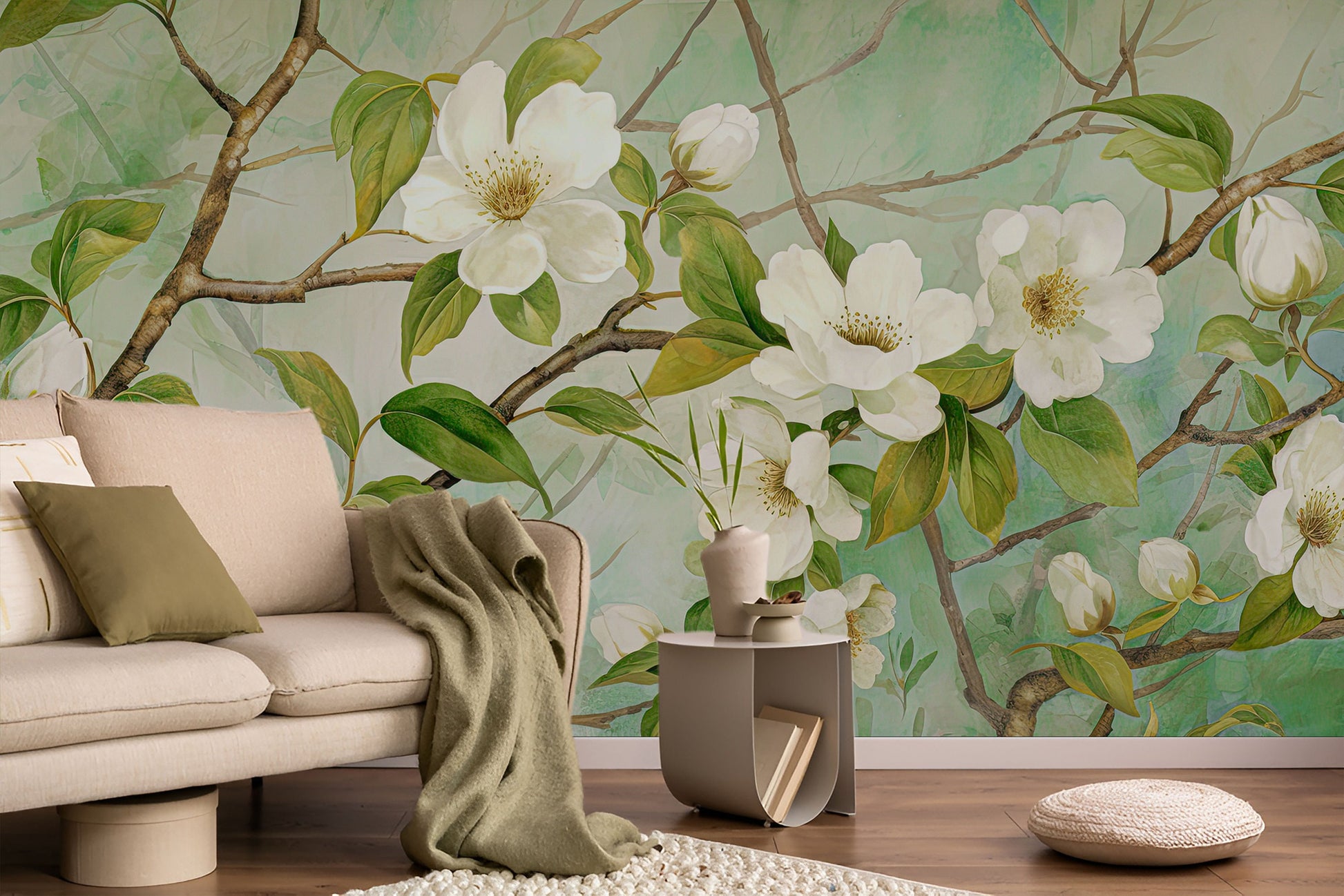 Watercolor Eucalyptus Leaf Soft Floral Wallpaper – room setting, Golden Era Walls