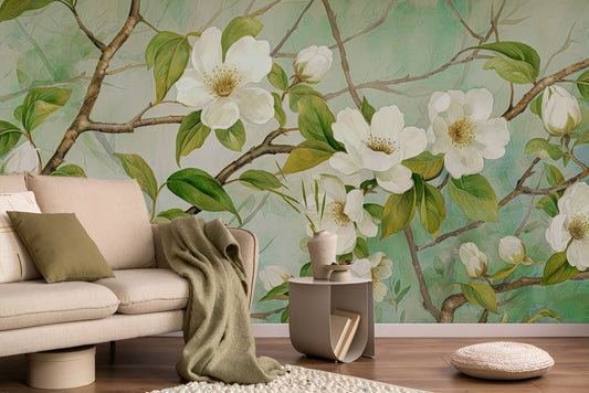 Watercolor Eucalyptus Leaf Soft Floral Wallpaper – room setting, Golden Era Walls