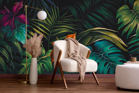 Vintage Botanical Abstract Jungle Floral Wallpaper – detail view, Golden Era Walls