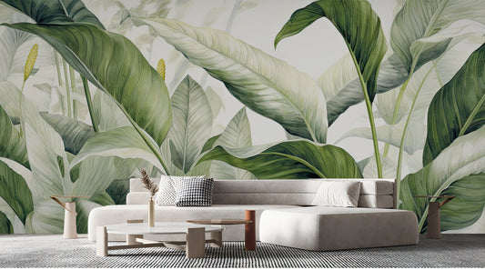 Tropical Jungle Leaves Elegant Floral Wallpaper – room setting, Golden Era Walls