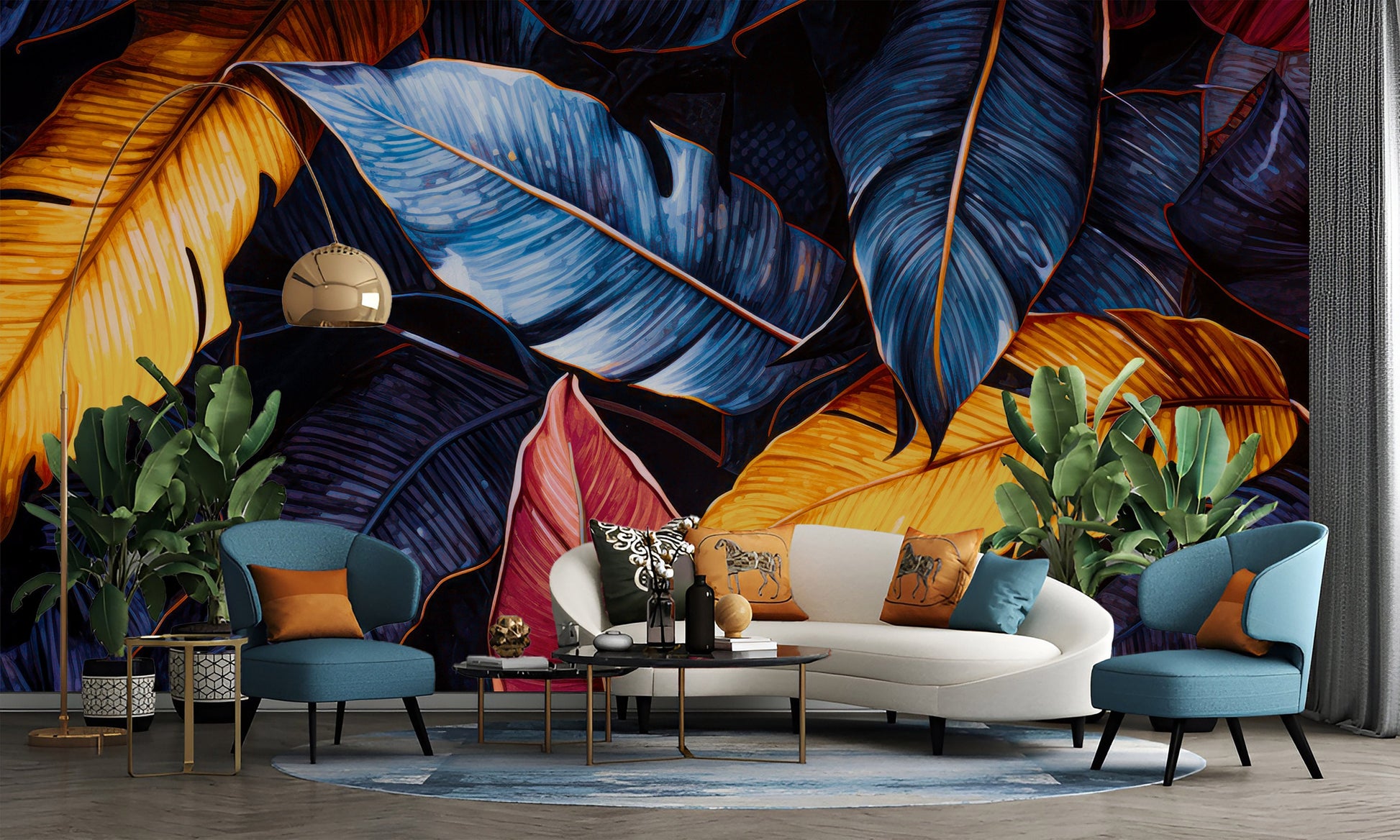 Tropical leaves Colorful Palm Floral Wallpaper – peel and stick wallpaper mural, Golden Era Walls