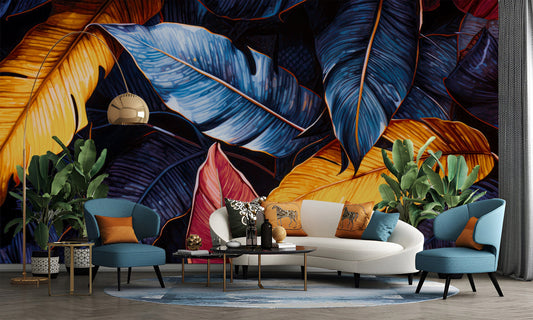 Tropical leaves Colorful Palm Floral Wallpaper – peel and stick wallpaper mural, Golden Era Walls