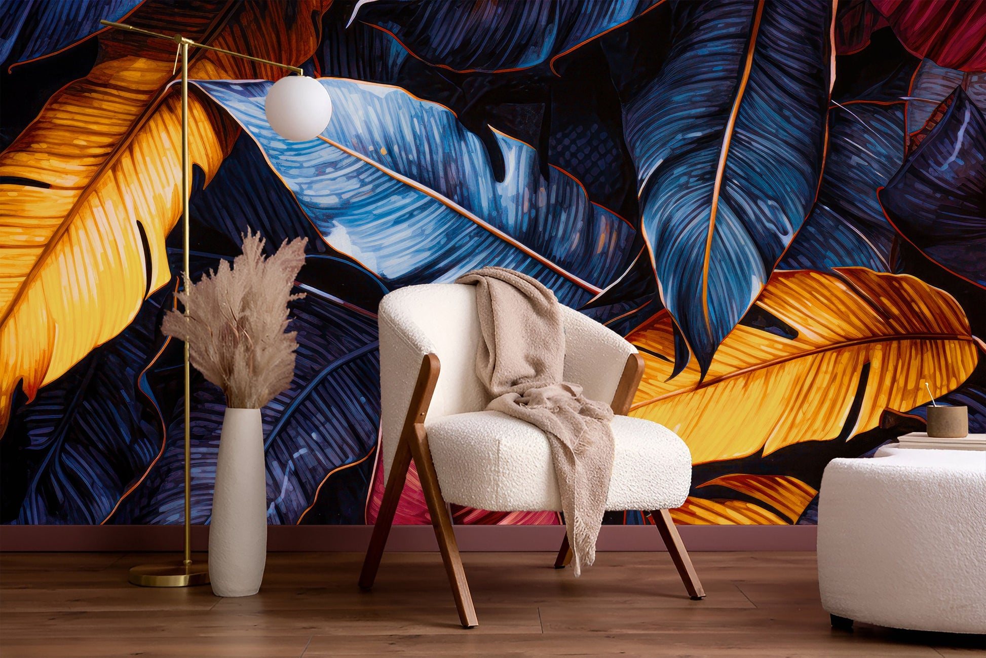 Tropical leaves Colorful Palm Floral Wallpaper – scale reference, Golden Era Walls