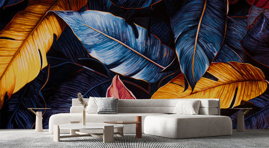 Tropical leaves Colorful Palm Floral Wallpaper – lifestyle view, Golden Era Walls