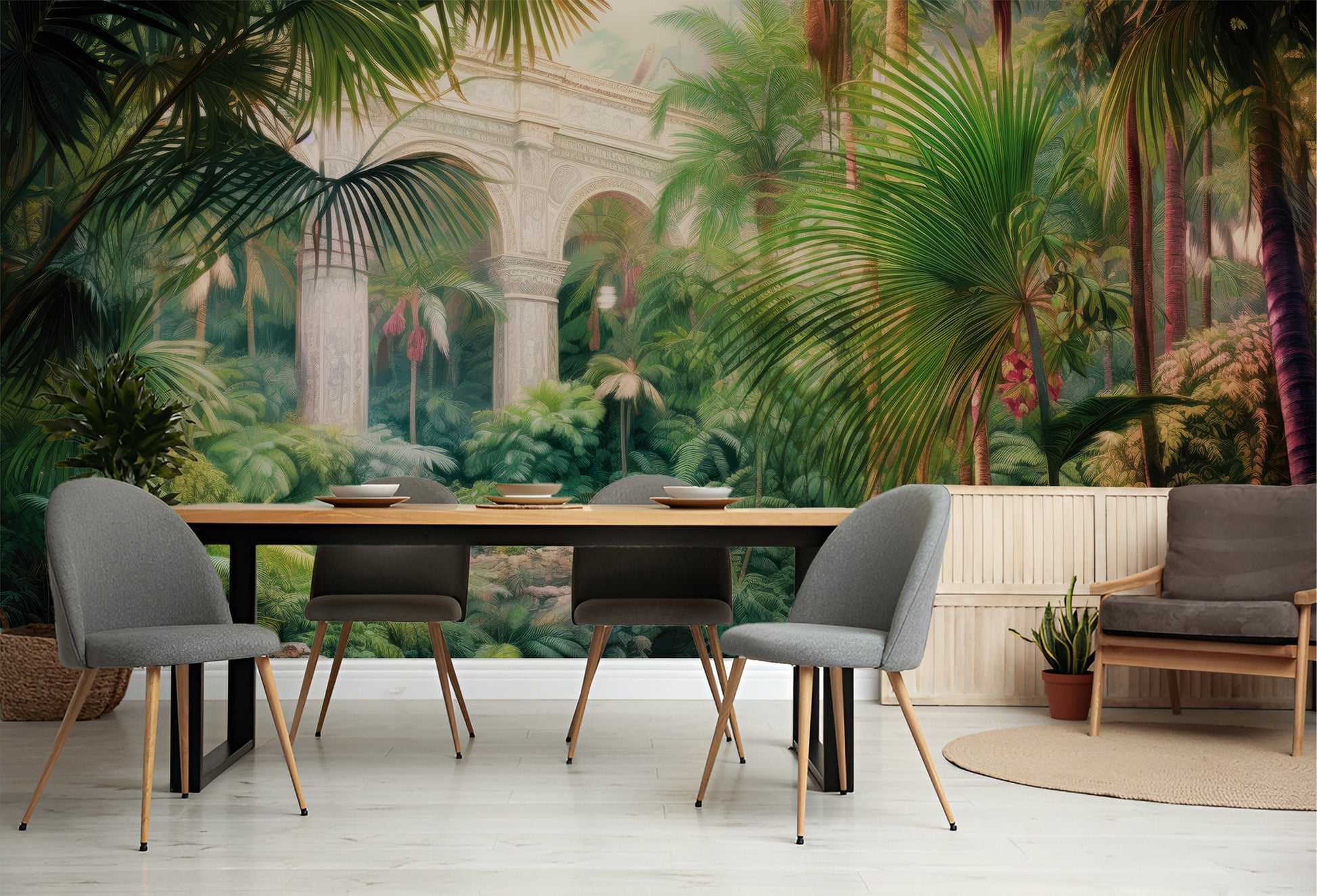 Jungle Adventure Rainforest Office Floral Wallpaper – room setting, Golden Era Walls